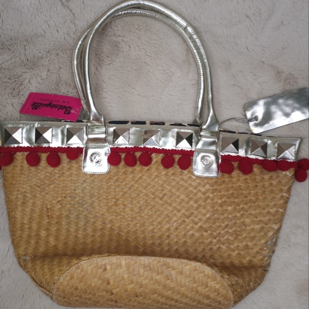 Vintage Betsey Johnson Betseyville NWT Floral Raffia Straw Tote w Silver Trim - Picture 3 of 6